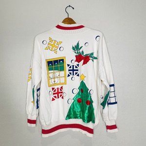 Vtg Starting Point Embroidered Christmas Sweatshirt Womens L 80s Holiday